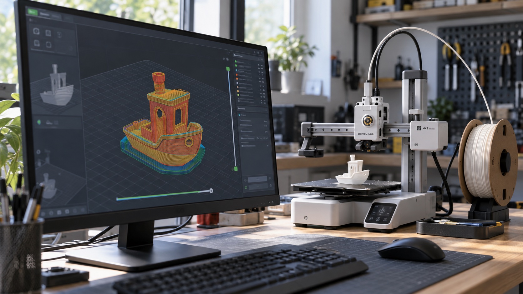 Modelo laminado en el slicer mientras una impresora 3D fabrica la pieza