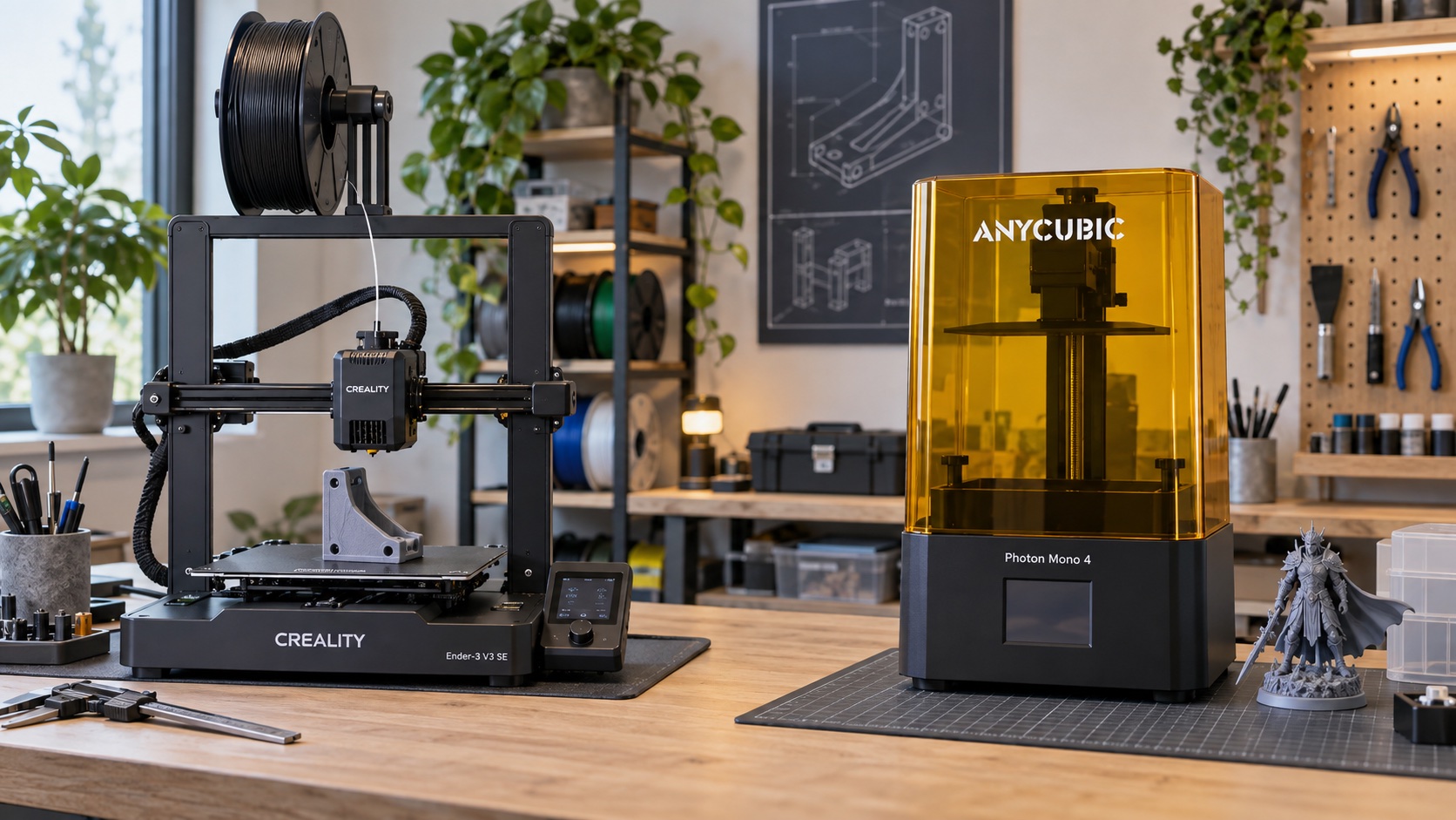 Impresora Creality FDM y Anycubic de resina en un taller
