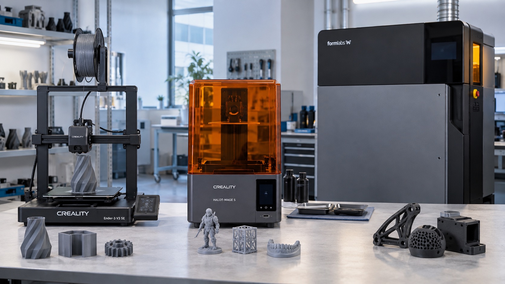 Impresoras Creality FDM y de resina junto a un sistema Formlabs SLS