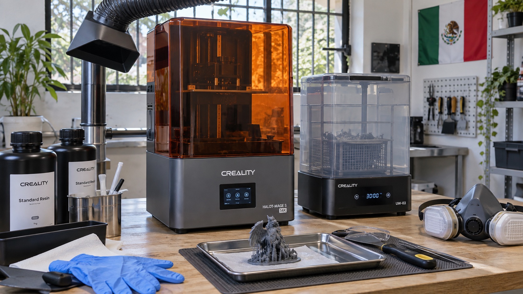 Zona ventilada para impresión 3D con resina y equipo de protección